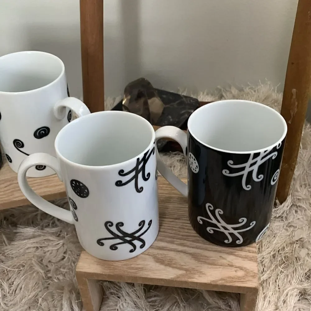 Vintage Pottery Barn Fez Pattern Black and‎ White Swirl Coffee Cups Set Of 6